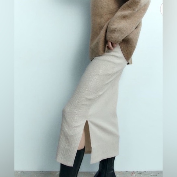 Zara Sequined crinkled slit hem cream midi skirt sz.S - Picture 2 of 16